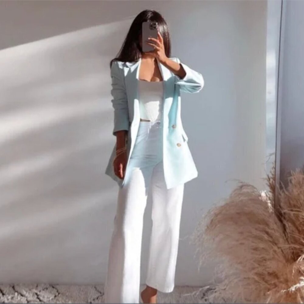 Zara Oversized Double Breasted Blazer in Pastel Blue Blogger Favourite S